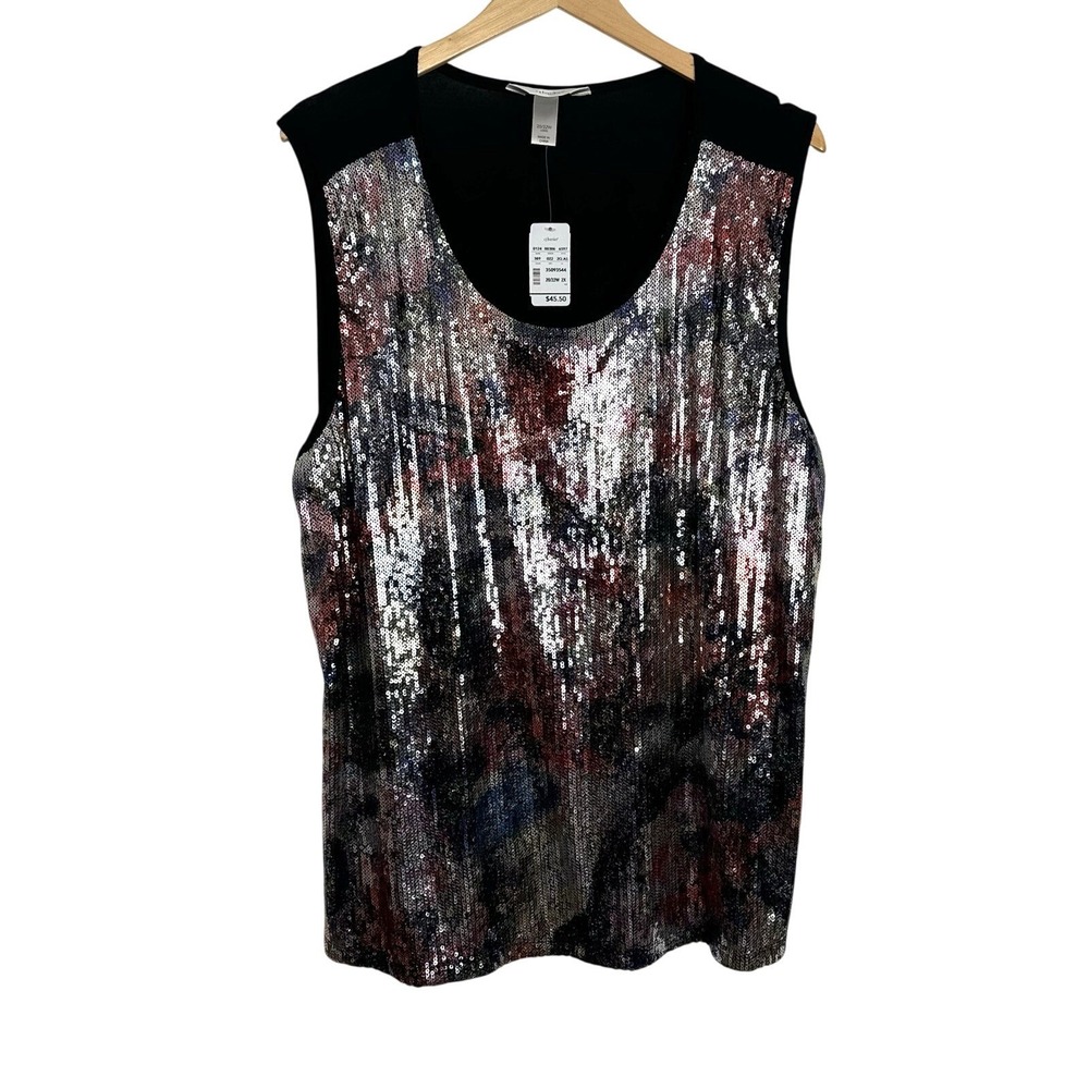 CJ Banks Sequin Tank Blouse Womens 20/22 Long Colorful Watercolor Sleeveless‎